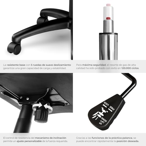 tectake® Silla Gaming, Silla Oficina Ergonómica, Reposabrazos, Ajustable Altura, Silla Estudio, Gaming Chair, Asiento Gamer, Sillón Gaming, Ergonómico, Mecanismo Basculante, Giro 360 - Negro/Negro - imagen 7