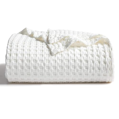 Bedsure Cooling Cotton Waffle Weave Throw Blanket - Lightweight Breathable Blanket of Rayon Derived from Bamboo for Hot Sleepers, Luxury Throws for Bed, Couch and Sofa, Ivory, 50x70 Inches