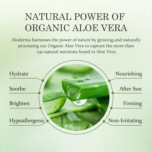 Aloderma Aloe Vera Gel - Large 17.6oz Value Pump - Made within 12 Hours of Harvest with 99% Organic Aloe Vera, Lightweight, Non-Sticky for Sunburns, Natural, Soothing Aloe Vera for Face & Hair
