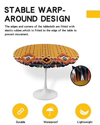 Abstract Geometric Round Waterproof Table Cover Fitted Tablecloth, Wipeable Fabric Elastic Table Cloth Oil-Proof Tablecover for Indoor Outdoor Picnic Party, Modern Minimalist Orange Stripes 45