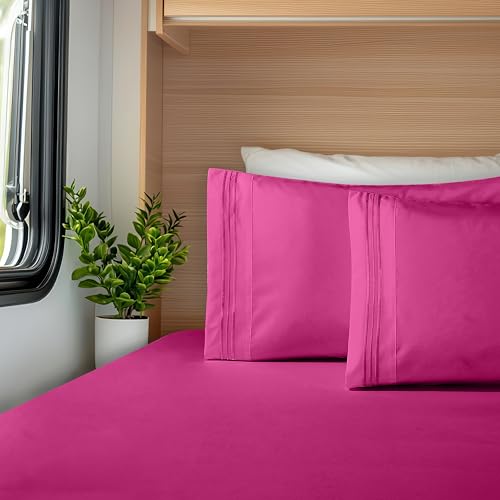 Image of Elegant Comfort Luxurious 1500 Premium Hotel Quality Microfiber Three Line Embroidered Softest 4-Piece Bed Sheet Set, Wrinkle and Fade Resistant, RV Short Queen, Pink