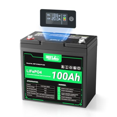 Image of HQST 12V 100Ah LiFePO4 Battery, Group 22NF Mini, BMS, LED Meter, 1280Wh