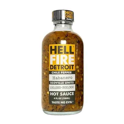 Hell Fire Detroit Habanero Hot Sauce (Extra-Hot), Crafted with Fresh, Fire-Roasted Habanero Chile Peppers, All-Natural, Vegan, Gluten-Free, Low Sodium – 4 Fl Oz