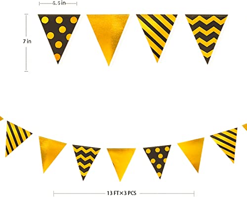 Image of 39 Ft Black Gold Triangle Pennant Banner Metallic Foil Polka Dot Stripe Paper Flag Bunting Garland Streamer for Birthday Anniversary Graduation Wedding Bridal Shower Party Decorations Supplies