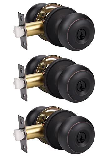 KNOBWELL 3 Pack Door Knob with Lock and Key (Keyed Alike), Keyed Entry Door Knobs Door Knob Lock, Exterior Door Knobs Front Door Knob with Oil Rubbed Bronze Finish