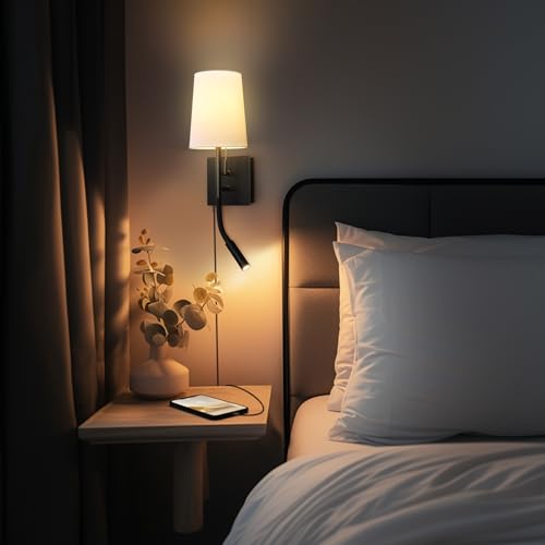 Image of Globe Electric 1-Light Plug-in or Hardwired Wall Sconce with LED Integrated Reading Light, USB-A Port, USB-C Port, Matte Black, White Fabric Shade, On-Off Pull Chain and Rocker Switch