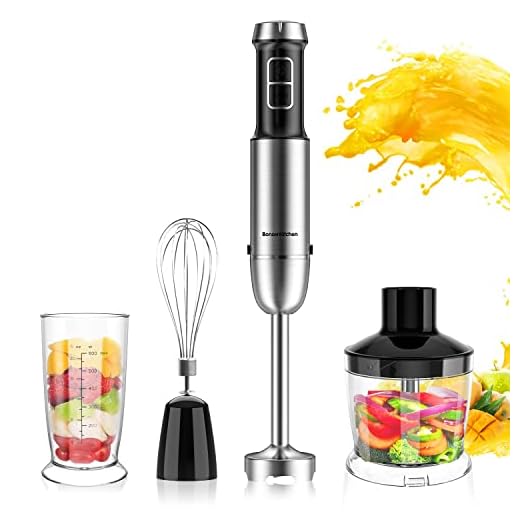 Batidora de mano 4 en 1 de acero inoxidable, 9 velocidades con Turbo Boost, batidor de varillas, vaso medidor de 600 ml, cuenco de 500 ml