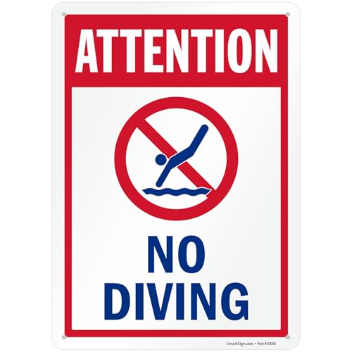 SmartSign 14 x 10 inch Attention - No Diving Pool Metal Sign 40 mil Laminated Rustproof Aluminum Red Blue and White Made in USA