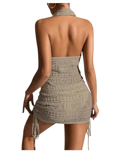 SHENHE Women's Hollow Out Cover Up Dress Drawstring Side Halter Sleeveless Beach Swimsuit2