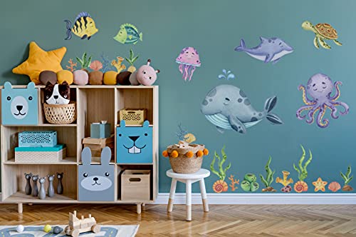 Murwall Kids Undersea Wall Decal Cute Whale with Sea Animals Wall Stickers Little Fish with Seaweed Wall Decals - Image 4