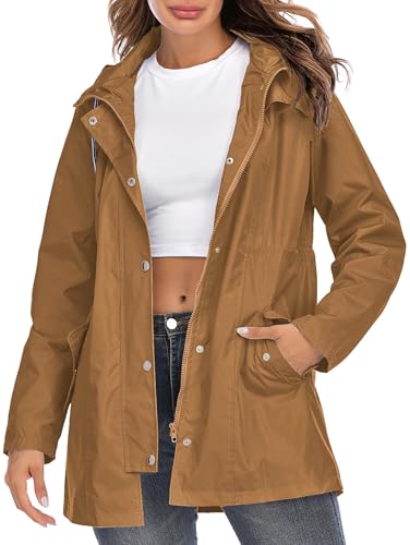 Kikibell Lightweight Raincoat for Women with Hood Windbreaker Waterproof Wind Breaker Jacket Womens Brown XL