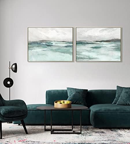 Abstract Seascape Canvas Wall Art - Framed Teal Watercolor Abstract Coastal and Ocean Waves Artwork for Living Room Decor