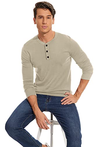 Nitagut Mens Slim Fit Pullover Sweaters Long Sleeve Knitted Fabric Henley Sweater Beige, Large #TOP2