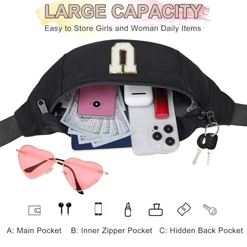 Birthday Gifts for Women Men,Personalized Fanny Pack Crossbody Bag Waist Pack with Initial Letter Patch,Christmas Gifts Cute Trendy Stuff for Daughter Sister Her,Black U