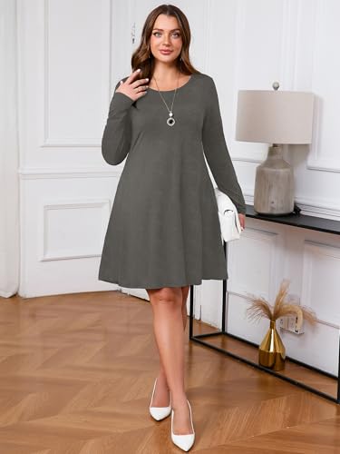 Image of AusLook Women's Plus Midi Dress Long Sleeve Crew Neck A-Line Swing Flowy Vacation Fall Wedding Guest Dresses with Pocket 1-5X