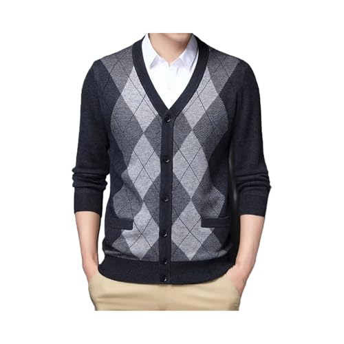 Men's Argyle Patchwork Knit Cardigan Fashion V-Neck Casual Knitted Sweatercoat