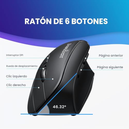Miniatura 4 de Perixx Perimice-715, Ratón Vertical Ergonómico Inalámbrico 2.4g - 800 1200 1600 Dpi Ppp - Para Diestros - Negro