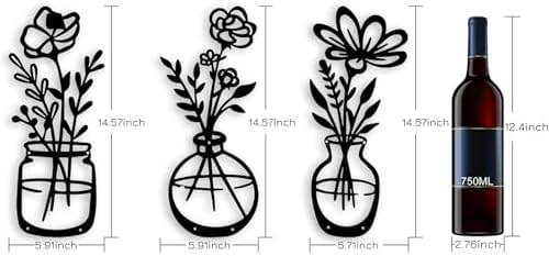 3 PCS Black Metal Flowers Wall Decor Grandma Mothers Day Gift Birthday Gifts for Women Wall Art Metal Wall Sculptures Hanging for Indoor Kitchen Bathroom Bedroom living room 14.56x5.9 inches