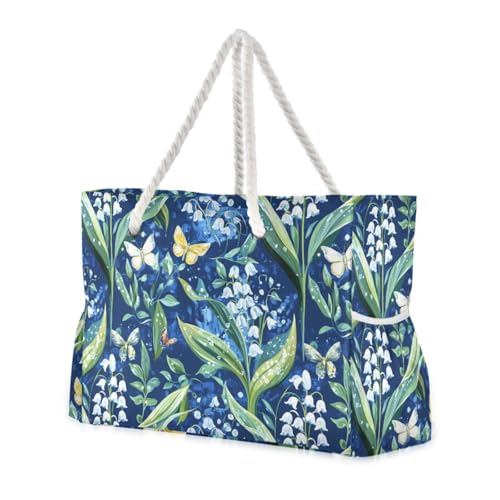 Chic Lily Of Valley Blue Floral Sturdy Duffel Bag Sports Tote with side pocketes Bag For Women for Travel Gym Vacation