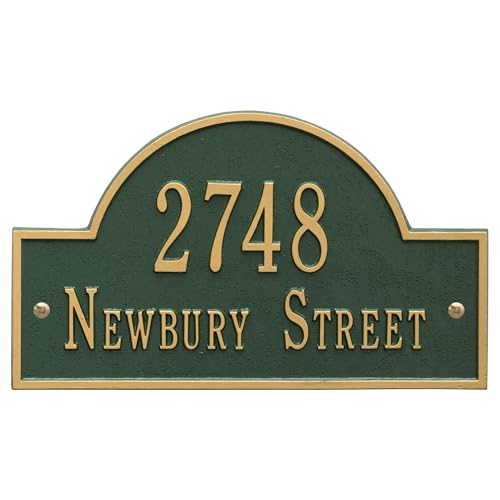 Whitehall Personalized Arch Address Plaque - Custom House Address Sign, 15.75" x 9.25", Cast Metal Plaque (Green/Gold)