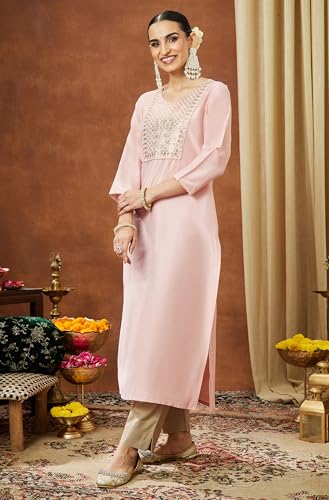 Image of Janasya Women's Light Pink Chanderi Silk Yoke Embroidered Straight Kurta