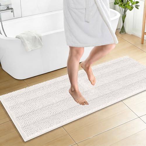 Image of OLANLY Thick Bathroom Runner Rugs 59x20, Absorbent Chenille Striped Bath Rugs, Rubber Backing, Machine Wash Dry, Extra Long Bath Mats for Bathroom Floor, Tub and Shower, Home Decor Accessories, Ivory