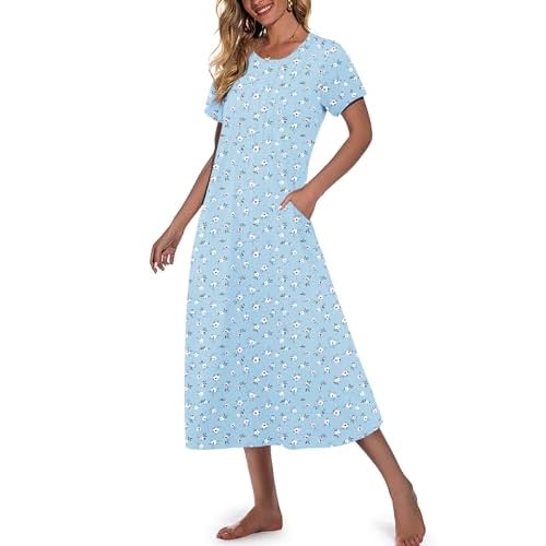Marvmys Womens Long Cotton Nightgown Short Sleeve Nightshirt O Neck Sleepwear Full Length Sleepshirt with Pockets S-3XL Light Blue Floral 3X-Large
