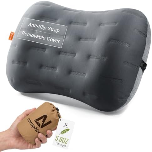 Inflatable Camping Pillow - Ultralight Compact Air Pillow for Travel, Backpacking & Hiking - Ergonomic Neck & Lumbar Support - Portable Inflatable Pillow with Removable Washable Cover - (Grey)