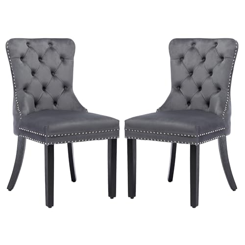 KCC Velvet Dining Chairs Set of 2, Upholstered High-end Tufted Dining Room Chair with Nailhead Back Ring Pull Trim Solid Wood Legs, Nikki Collection Modern Style for Kitchen, Grey
