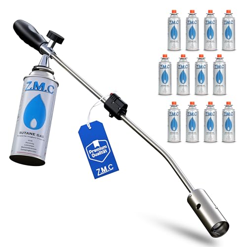 ZMC Brûleur pour mauvaises herbes 2,5 kW avec allumage piézoélectrique + 12 cartouches de gaz de 227 g - Désherbant et allumeur pour barbecue jusqu'à 1400...