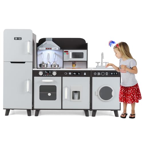 COSTWAY 3 en 1 Cuisine Enfant avec Réfrigérateur & Machine à Laver, Cuisiniere Enfant avec Lumière & Effet Sonore, Micro-Ondes & Machine à Glaçons, Jeu de Cuisine pour Garçons Filles de 3 Ans+ (Brun)