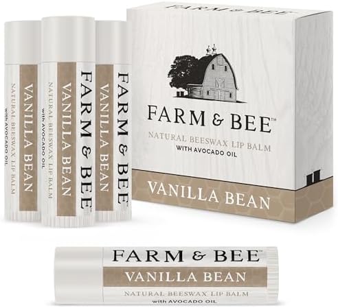 Natural Lip Balm - Organic & Natural Ingredients - Beeswax Based Moisturizing Lip Care Chapstick for Chapped Lips - Great Gift Idea - Farm & Bee - 0.15oz (Pack of 4 - Vanilla Bean)