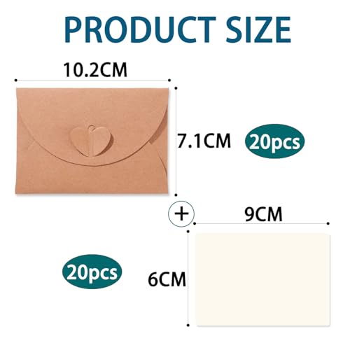 20 Stück Mini Briefumschläge mit Karten - Vintage Mini Kraftpapier Umschläge Blanko Kärtchen Kleine Briefumschlägemit Herz Verschluss für Geschenkkarten DIY Dankeskarten Weihnachten