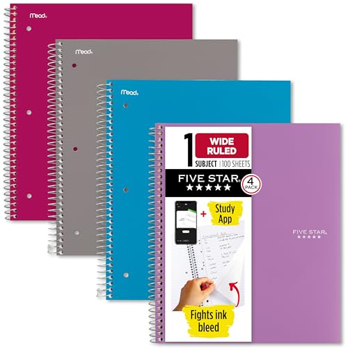 Image of Five Star Spiral Notebook + Study App, 4 Pack, 1 Subject, Wide Ruled Paper, 8 inch x 10-1 /2 inch, 100 Sheets, Fights Ink Bleed, Water Resistant Cover, Purple, Pink, Gray and Blue (930105-ECM)