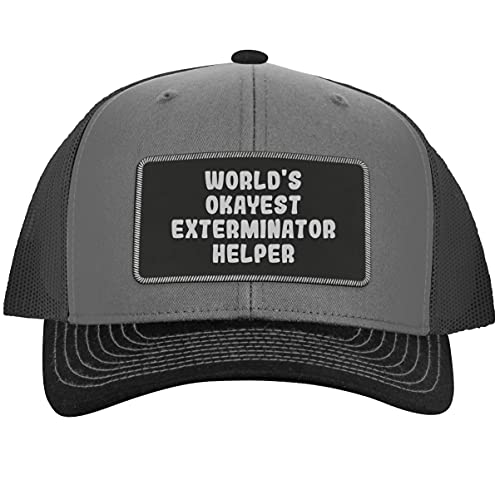 World s Okayest Exterminator Helper - Leather Black Patch Engraved Trucker Hat, Grey-Steel, One Size