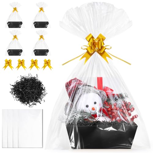 5 Pack Baskets For Gifts Empty, 10x12” Black Gift Basket Kit with Clear Bags Gold Bows 200g Crinkle Cut Paper Empty Gift Baskets to Fill Large Gift Baskets for Christmas, Birthdays, Holidays, Weddings