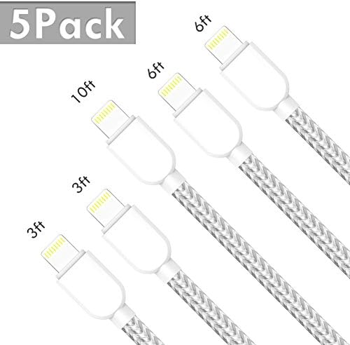 HAODIDI iphone Cables Extra Long Nylon Braided Lightning Cable,5 Pack [3/3/6/6/10 FT] USB Charging & Syncing Cord Charger for iPhone X/8 & other series--Silver&Gray