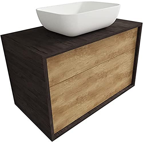 Atrios Modelo Hermes Conjunto Baño con 2 Cajones, Suspendido en Pared, con Lavabo Porcelánico Sobrepuesto y Mueble MONTADO, Madera, Laminado Roble, 100 cm