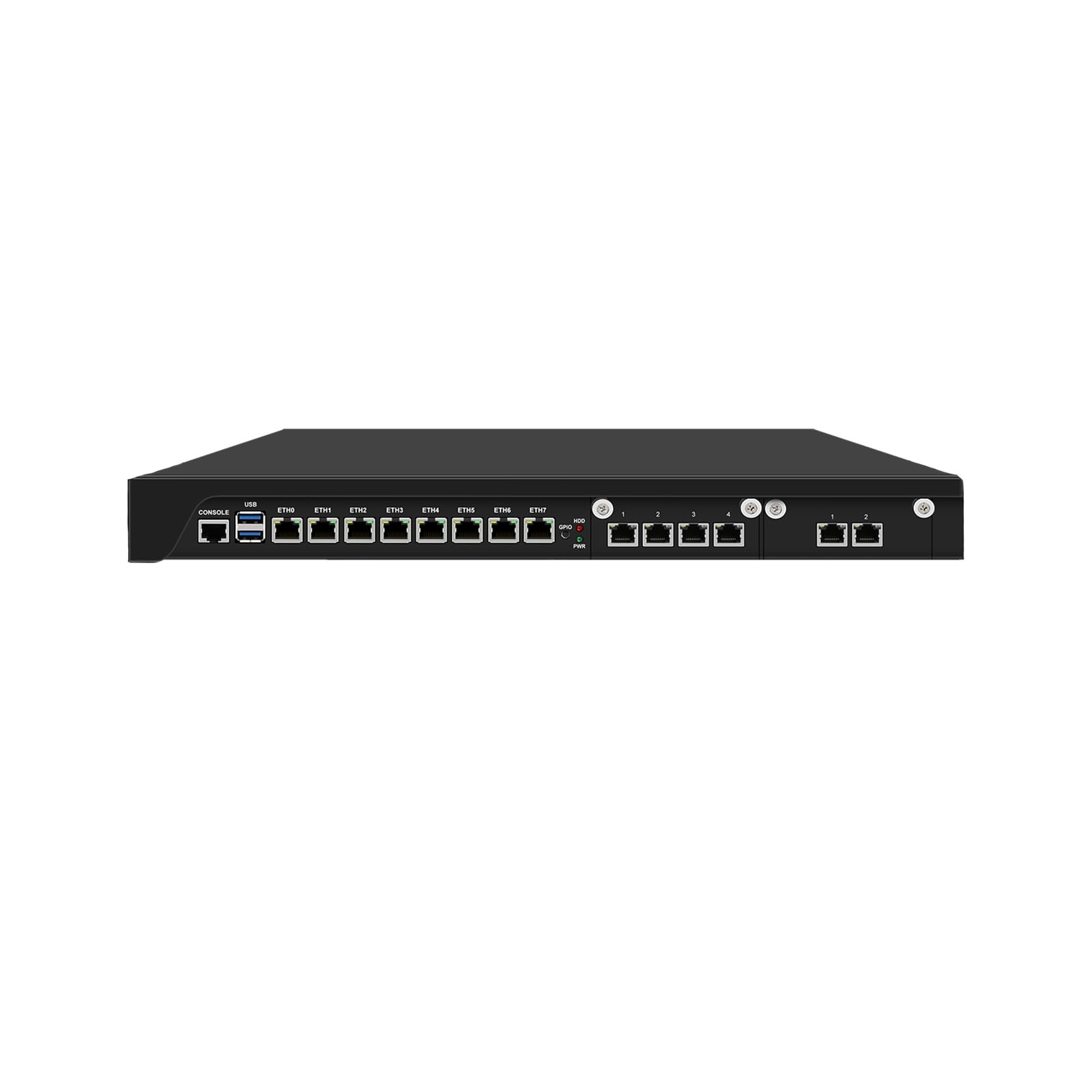1U Rackable Cabinet Firewall Appliance, PFSense, Mikrotik, OPNsense, VPN, Router PC, Xeon E 2126G, RJ67, C246, 8 x 2.5GbE, 6 x 1GbE LAN, Console, GPIO, 16G RAM, 128G SSD