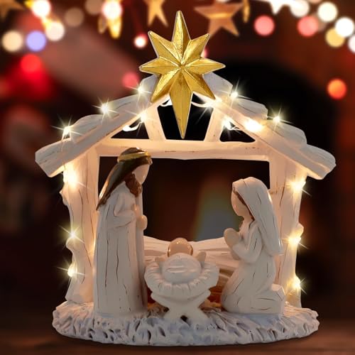 La mejor selección de Nacimientos los 5 mejores. 47 TTQ - Belén de Navidad con luces LED, juego de cifras de resina iluminadas de belén de la sagrada familia de 6 pulgadas, escena de pesebre interior, decoración religiosa, regalo...