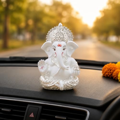 Image of Gold Art India Ganesha Idol 999 Silver Plated White Finish Lord Ganesh Murti for Home Decor, Car Dashboard, Mandir & Office | Premium Ganesh Statue for Diwali, Wedding & Spiritual Gift | 3.5 Inch