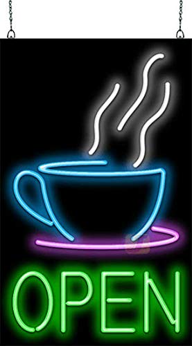 Coffee Cup Open Neon Sign - Large Size - 20" wide x 32" high - Real, Quality Hand Bent Neon Sign - Green Letters with a Large Blue, White & Purple