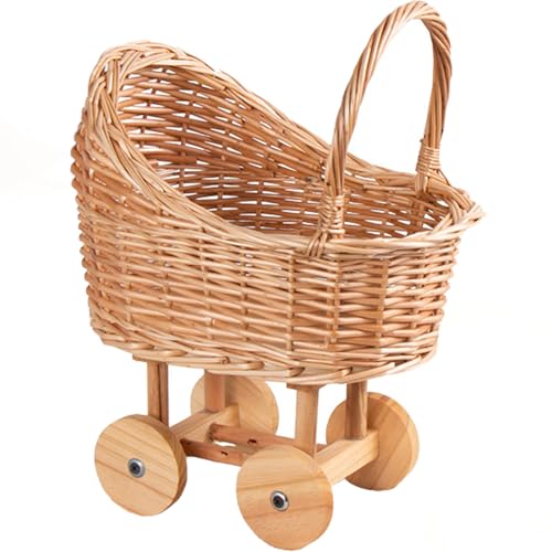 Woven Rattan Stroller Shaped Flower Basket Vintage Wicker Baby Carriage Planter for Floral Arrangements Baby Shower Wedding Party Decor Centerpieces for Tables Floral Rustic Home Decor (Small)