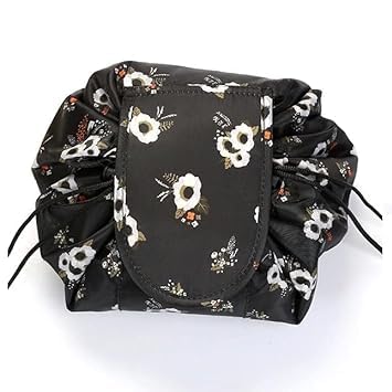Keetly Stylish Portable Lazy Cosmetic Bag with Drawstrings | Convenient & Waterproof Makeup Pouch for Girls | Large Capacity Storage Pouches | Toiletry Bags for Women(Flower Black)