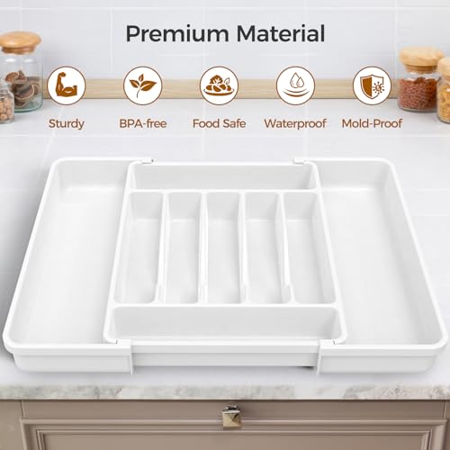 Extra Large Expandable Silverware Organizer, BPA-Free Food-Safe Cutlery Flatware Organizer, Kitchen Utensil Drawer Organizer, Adjustable Silverware Holder for Spoons Forks Knives, White