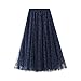 Women Tutu Tulle Skirts Long Tulle Skirt Flower Embroidery High Waist Solid Color Midi Swing Skirt Evening Party Dress (Nary Blue, One Size)
