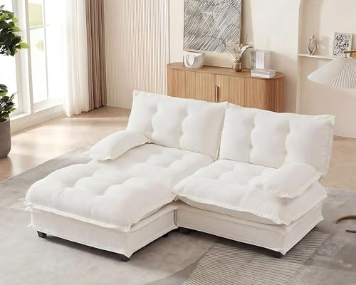 Image of 77 inch Sectional Sleeper Sofa with Ottoman, L Shaped Modular Deep Seat Couches for Living Room Apartment, Flexible Module Combination Cloud Sofa with Spring Support, Easy Assembly, White