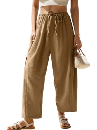 HWOKEFEIYU Women Wide Leg Pants Summer Casual Low Waist Loose Drawstring Harem Pants Beach Palazzo with Pockets