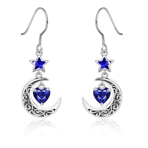 Shysnow Moon Birthstone Earrings for Women 925 Sterling Silver Half Moon Star Dangle Drop Earrings with Heart Crystal Birthday Jewelry for Women