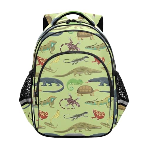 Snakes Lizard Frog and Turtle Animals Pattern Green Backpack for School Book Bag Laptop Tablet Backpack Work Travel Computer Bag with Reflective Stripes